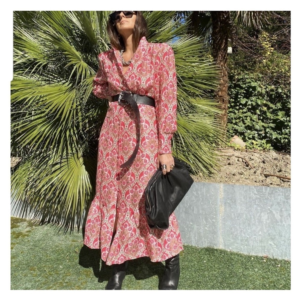 Zara Maxi Dress Size Small Pink Floral Linen Blend Long Sleeve Button Front